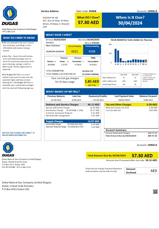 UAE Dubai Natural Gas Company Limited (Dugas) business utility bill template in Word and PDF formats